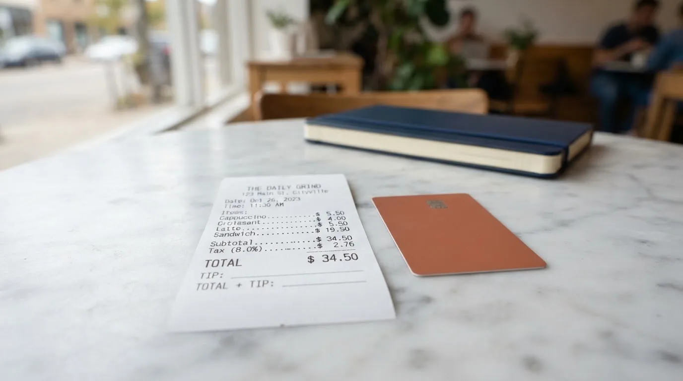 A receipt and a card on a café table