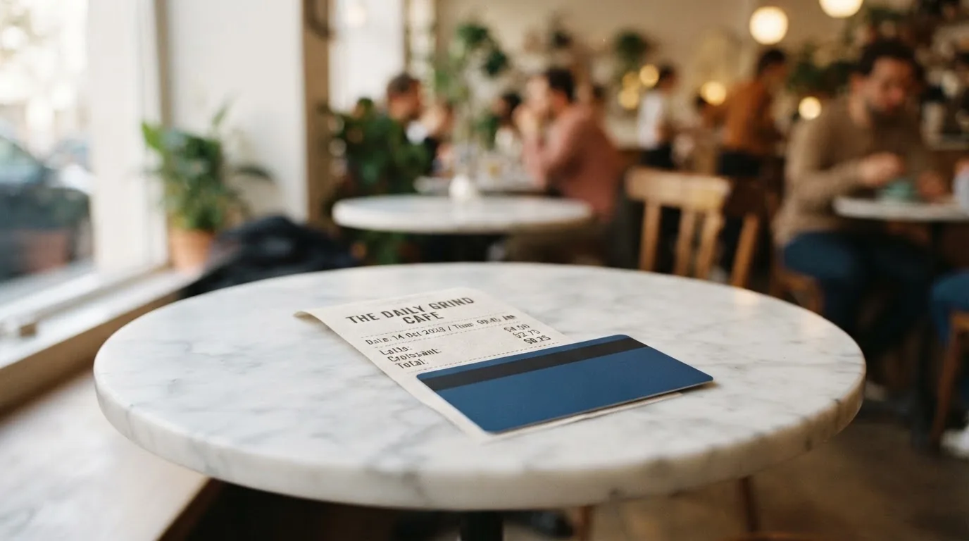 A receipt and a card on a café table