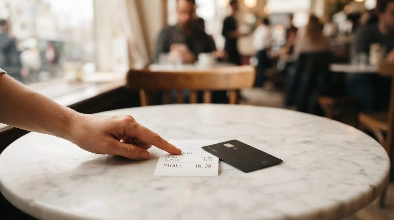 A receipt and a card on a café table