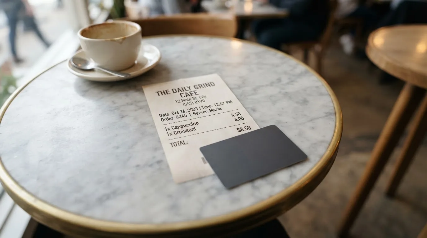A receipt and a card on a café table