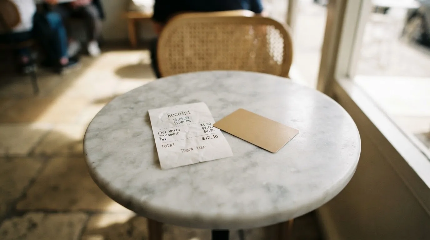 A receipt and a card on a café table