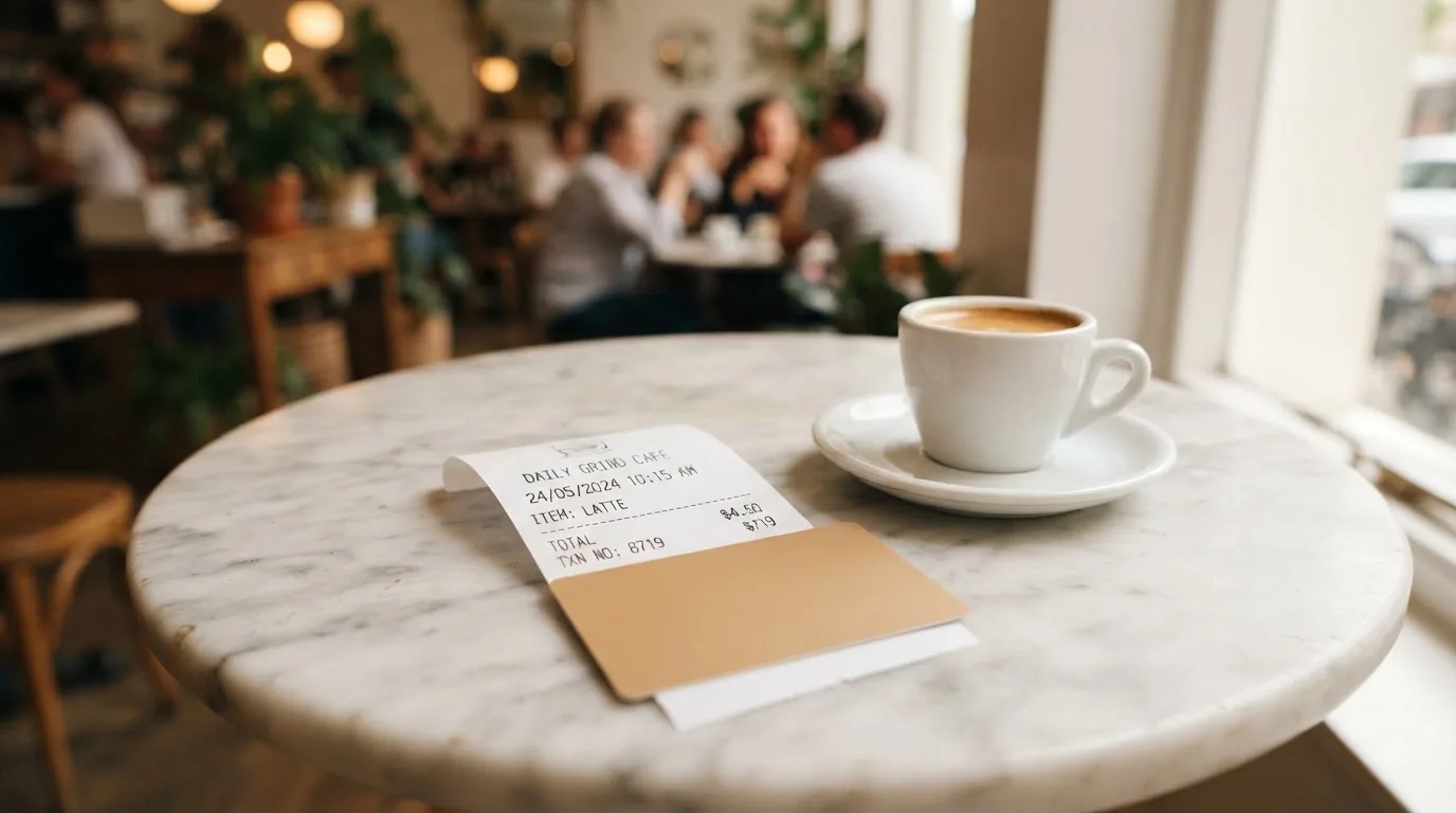 A receipt and a card on a café table