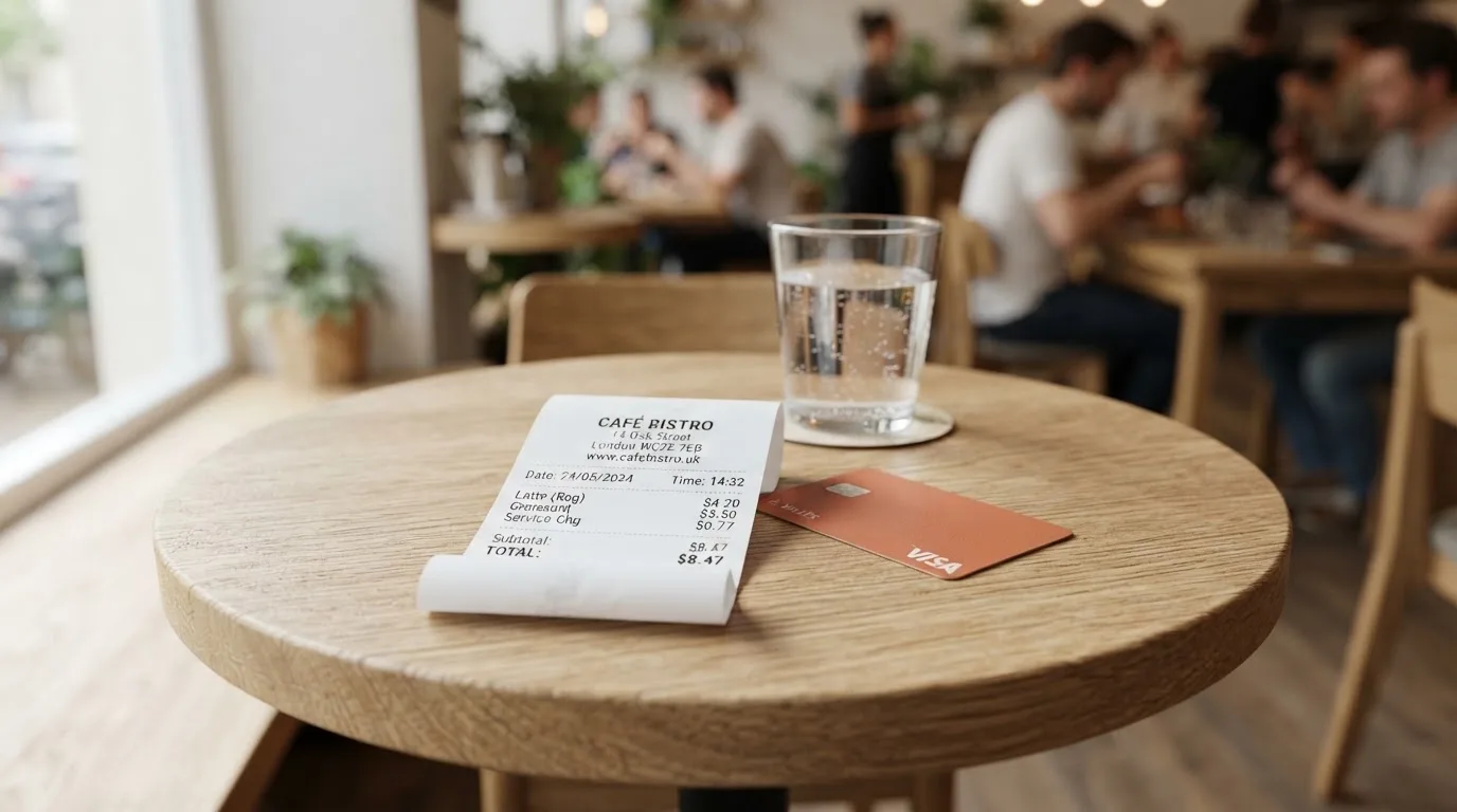 A receipt and a card on a café table