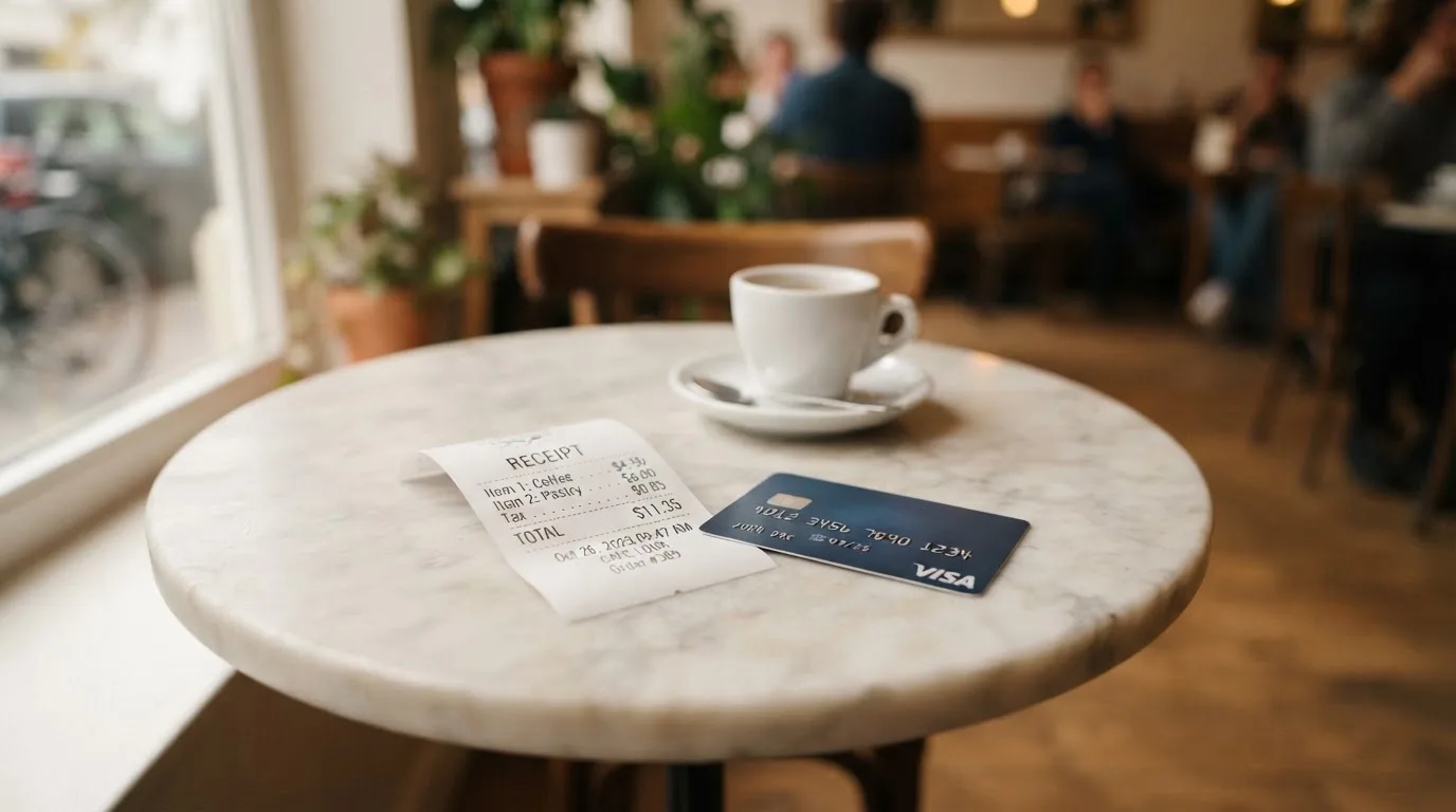 A receipt and a card on a café table