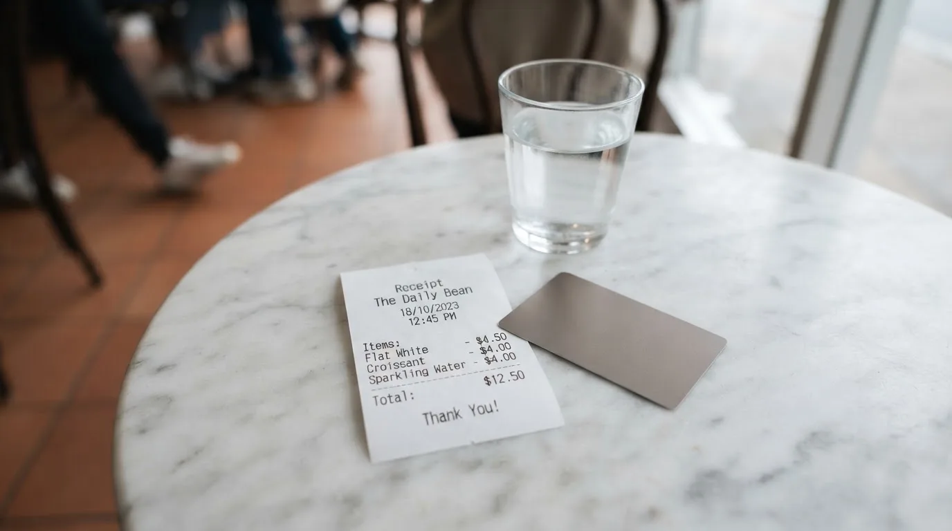 A receipt and a card on a café table
