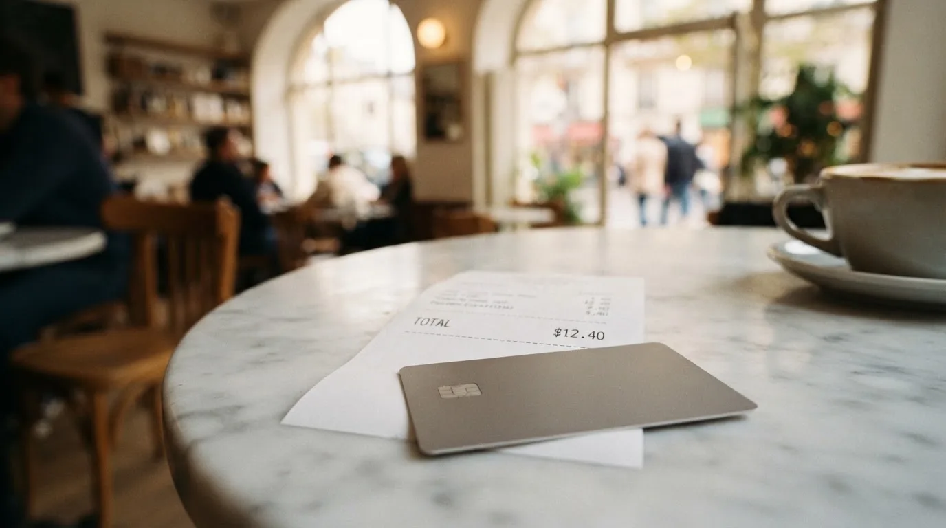 A receipt and a card on a café table