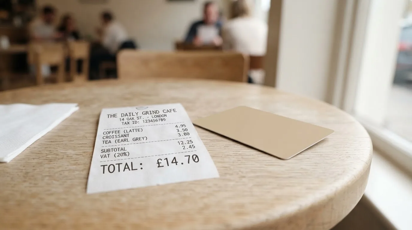 A receipt and a card on a café table