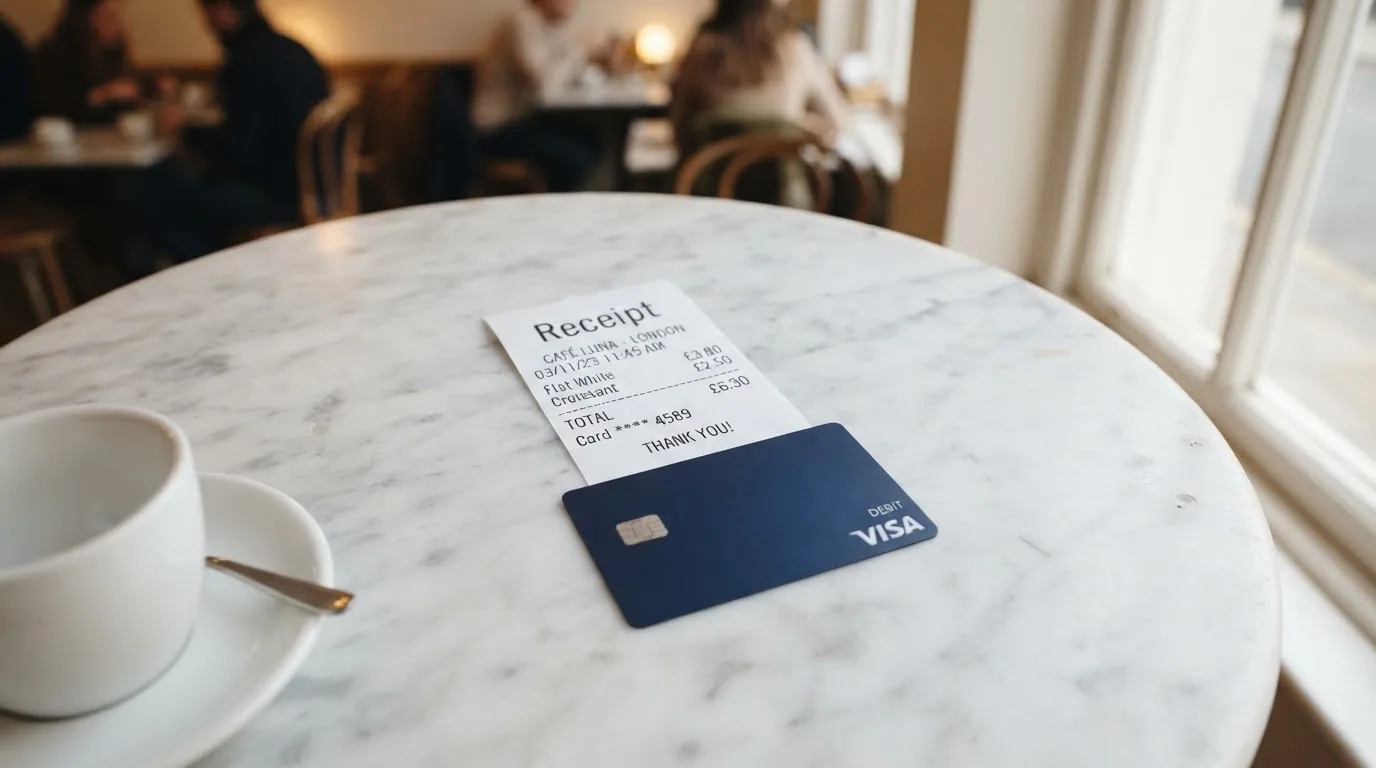 A receipt and a card on a café table